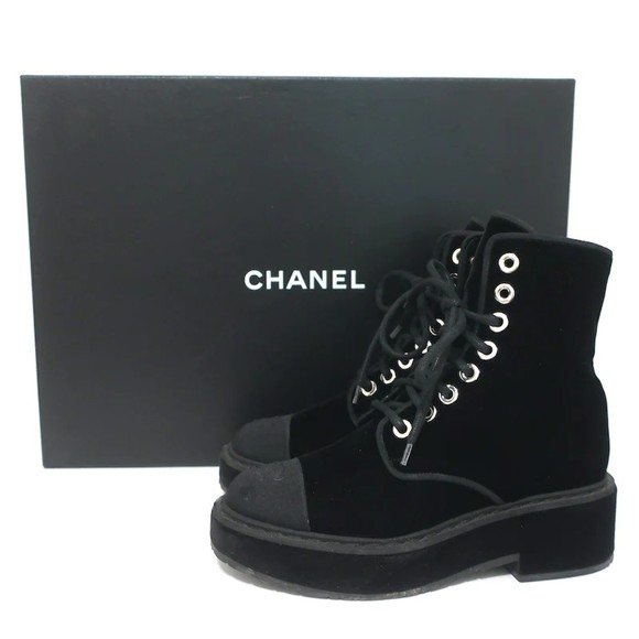 CHANEL Shoes - Chanel 17B CC Cap Toe Combat Boots Black Velvet Size 37.5 Lace-Up Ankle Boots